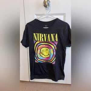 NIRVANA Black Short Sleeve Tee with Yellow & Multicolor Smiley Graphic